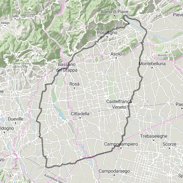 Mapa miniatúra "Dlhá cesta s výnimočnými výhľadmi" cyklistická inšpirácia v Veneto, Italy. Vygenerované cyklistickým plánovačom trás Tarmacs.app