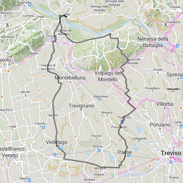 Mapa miniatúra "Cyklistická trasa cez Veneto" cyklistická inšpirácia v Veneto, Italy. Vygenerované cyklistickým plánovačom trás Tarmacs.app