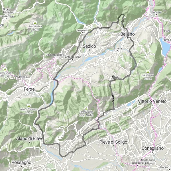 Map miniature of "The Mountain Challenge" cycling inspiration in Veneto, Italy. Generated by Tarmacs.app cycling route planner