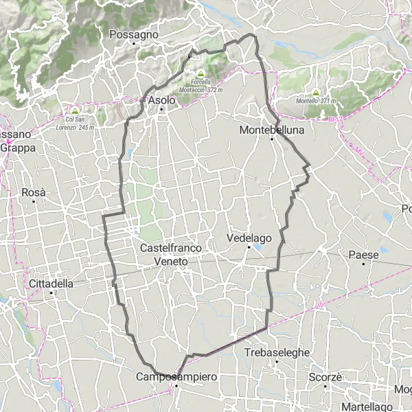 Karttaminiaatyyri "Montelloni Road Loop" pyöräilyinspiraatiosta alueella Veneto, Italy. Luotu Tarmacs.app pyöräilyreittisuunnittelijalla