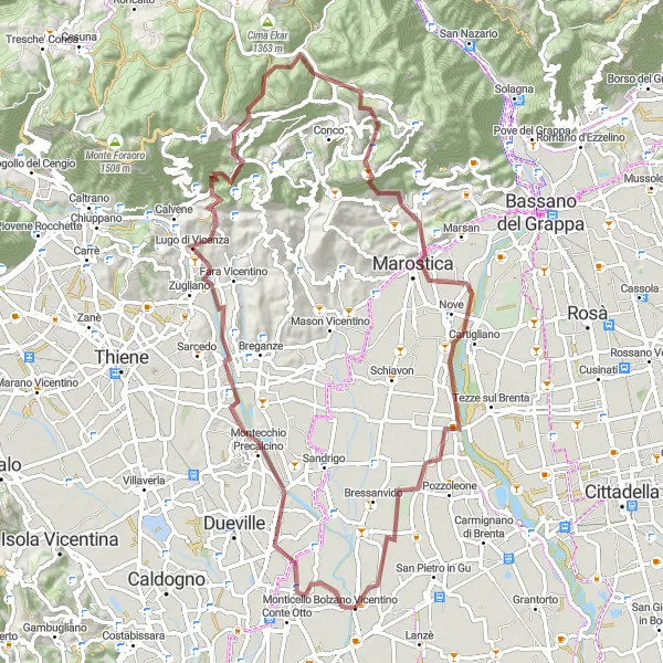 Karttaminiaatyyri "Montecchio Precalcino - Campomezzavia - Marostica Gravel Adventure" pyöräilyinspiraatiosta alueella Veneto, Italy. Luotu Tarmacs.app pyöräilyreittisuunnittelijalla