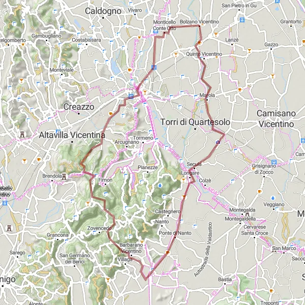Miniatura della mappa di ispirazione al ciclismo "Giro in Gravel da Bolzano Vicentino a Monticello Conte Otto" nella regione di Veneto, Italy. Generata da Tarmacs.app, pianificatore di rotte ciclistiche