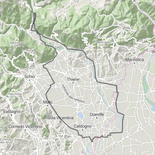Zemljevid v pomanjšavi "Pot skozi Santorso" kolesarske inspiracije v Veneto, Italy. Generirano z načrtovalcem kolesarskih poti Tarmacs.app