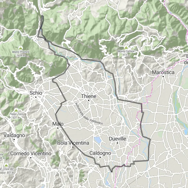 Map miniature of "The Rocky Adventure" cycling inspiration in Veneto, Italy. Generated by Tarmacs.app cycling route planner