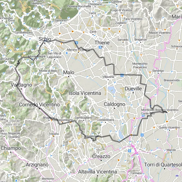 Miniaturní mapa "Okruh kolem Bolzana Vicentina" inspirace pro cyklisty v oblasti Veneto, Italy. Vytvořeno pomocí plánovače tras Tarmacs.app