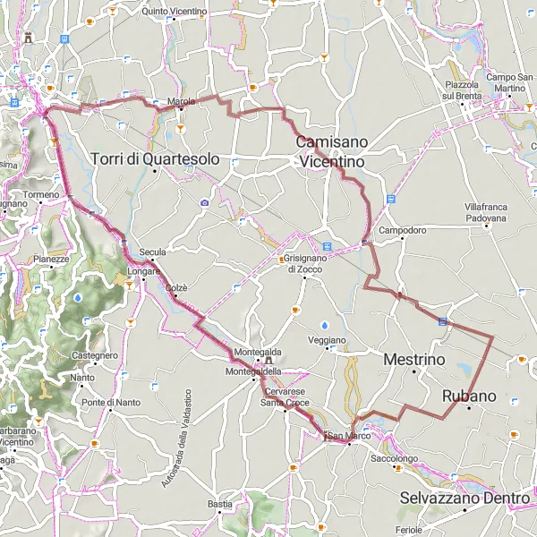 Miniature de la carte de l'inspiration cycliste "Circuit gravel vers Rampazzo" dans la Veneto, Italy. Générée par le planificateur d'itinéraire cycliste Tarmacs.app
