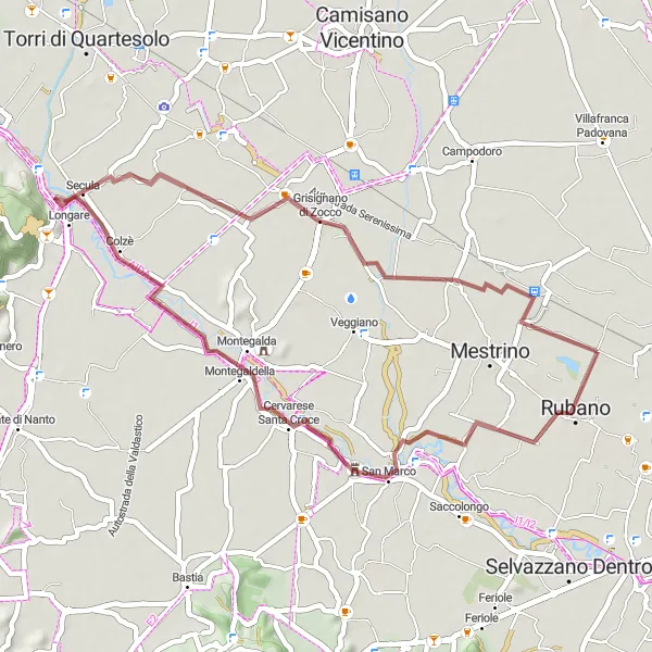 Miniaturní mapa "Gravelová cyklotrasa kolem Bosca - Castello di San Martino della Vaneza, Montegaldella, Grisignano di Zocco a Ronchi di Campanile" inspirace pro cyklisty v oblasti Veneto, Italy. Vytvořeno pomocí plánovače tras Tarmacs.app