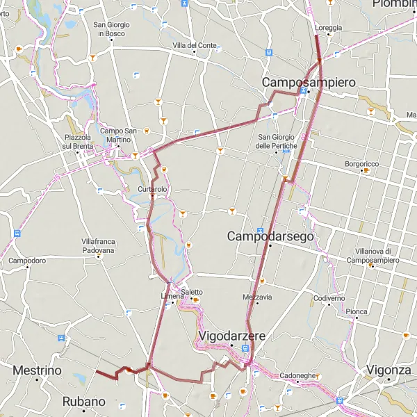 Miniaturní mapa "Gravel cyklistická trasa okolo Bosca" inspirace pro cyklisty v oblasti Veneto, Italy. Vytvořeno pomocí plánovače tras Tarmacs.app