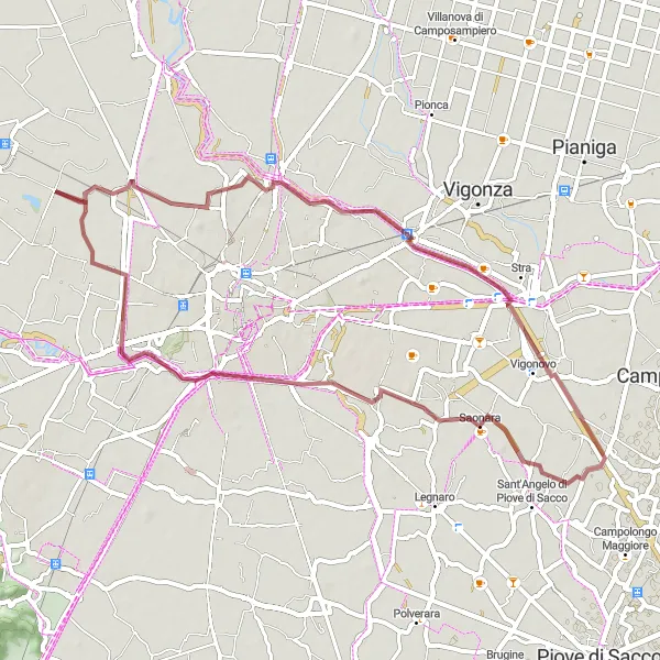 Miniature de la carte de l'inspiration cycliste "Parcours gravel autour de Saonara" dans la Veneto, Italy. Générée par le planificateur d'itinéraire cycliste Tarmacs.app