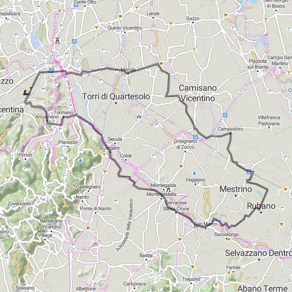 Miniaturní mapa "Cyklotrasa kolem Bosca: Zámek a horské vrcholy" inspirace pro cyklisty v oblasti Veneto, Italy. Vytvořeno pomocí plánovače tras Tarmacs.app