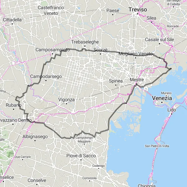 Miniaturní mapa "Okružní cyklistická trasa kolem Bosca - přes San Giorgio delle Pertiche, Cappella, San Liberale, Malcontenta, Legnaro a Paltana" inspirace pro cyklisty v oblasti Veneto, Italy. Vytvořeno pomocí plánovače tras Tarmacs.app