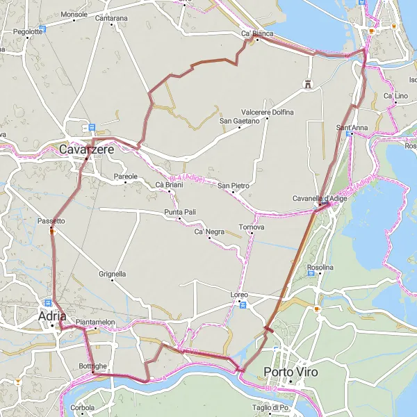Zemljevid v pomanjšavi "Gorskokolesarska pot okoli Bottrighe (gravel)" kolesarske inspiracije v Veneto, Italy. Generirano z načrtovalcem kolesarskih poti Tarmacs.app
