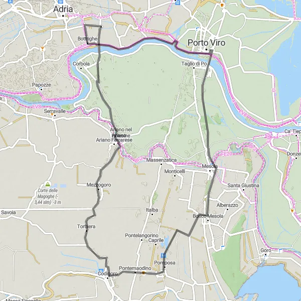 Zemljevid v pomanjšavi "Cestna kolesarska pot ob Bottrighe" kolesarske inspiracije v Veneto, Italy. Generirano z načrtovalcem kolesarskih poti Tarmacs.app