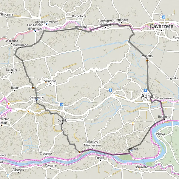 Miniatura della mappa di ispirazione al ciclismo "Il percorso di ciclismo tra Bottrighe e Adria" nella regione di Veneto, Italy. Generata da Tarmacs.app, pianificatore di rotte ciclistiche