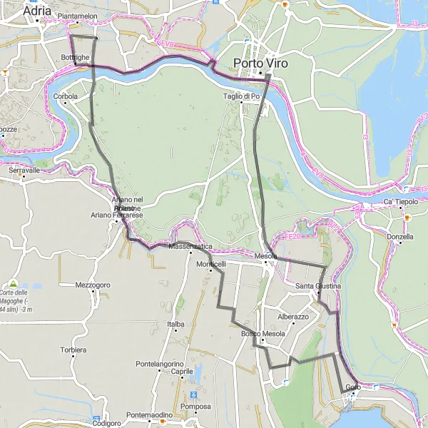 Zemljevid v pomanjšavi "Cestna kolesarska pot okoli Bottrighe" kolesarske inspiracije v Veneto, Italy. Generirano z načrtovalcem kolesarskih poti Tarmacs.app