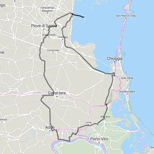 Zemljevid v pomanjšavi "Kolesarska pot preko Adrie in Loreo" kolesarske inspiracije v Veneto, Italy. Generirano z načrtovalcem kolesarskih poti Tarmacs.app