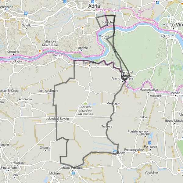 Miniatua del mapa de inspiración ciclista "Ruta escénica de ciclismo en carretera desde Bottrighe a Corbola" en Veneto, Italy. Generado por Tarmacs.app planificador de rutas ciclistas