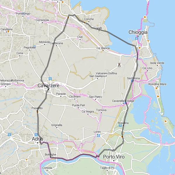 Kartminiatyr av "Sjövägen till Bottrighe" cykelinspiration i Veneto, Italy. Genererad av Tarmacs.app cykelruttplanerare