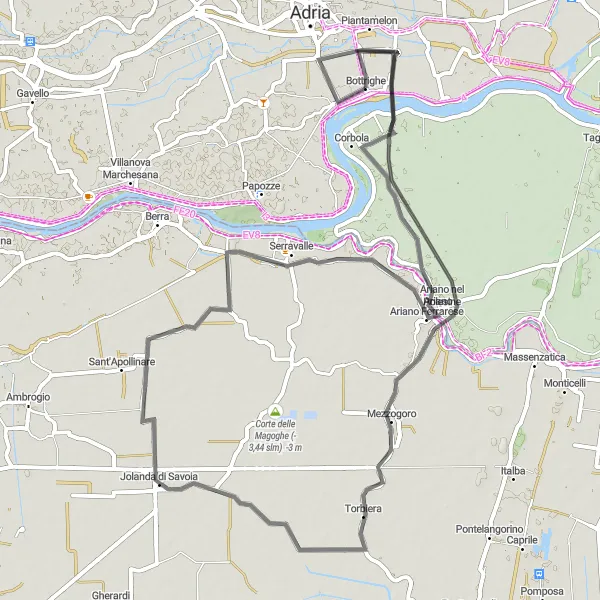 Zemljevid v pomanjšavi "Kolesarska pot okoli Bottrighe (Veneto, Italija)" kolesarske inspiracije v Veneto, Italy. Generirano z načrtovalcem kolesarskih poti Tarmacs.app