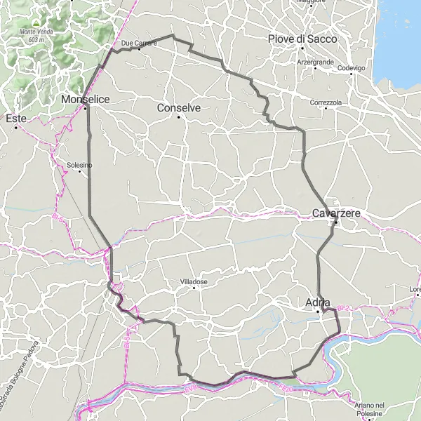 Miniaturní mapa "Cyklotrasa pro nadšence z Bottrighe" inspirace pro cyklisty v oblasti Veneto, Italy. Vytvořeno pomocí plánovače tras Tarmacs.app