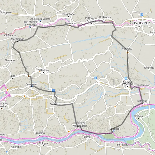 Miniatura della mappa di ispirazione al ciclismo "Percorso ciclabile da Bottrighe a Anguillara Veneta attraverso Villanova Marchesana" nella regione di Veneto, Italy. Generata da Tarmacs.app, pianificatore di rotte ciclistiche