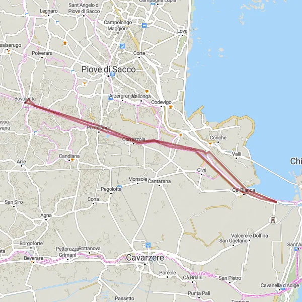 Zemljevid v pomanjšavi "Gravel pot do Correzzole" kolesarske inspiracije v Veneto, Italy. Generirano z načrtovalcem kolesarskih poti Tarmacs.app