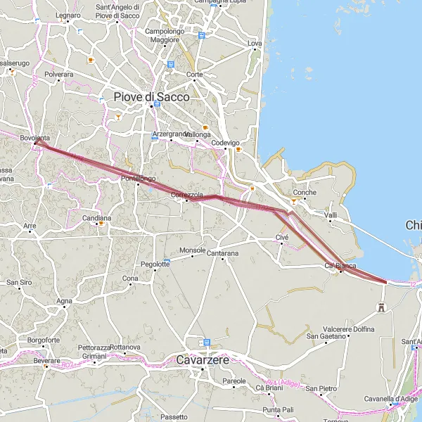 Miniaturní mapa "Gravelový okruh pro dobrodružné cyklisty" inspirace pro cyklisty v oblasti Veneto, Italy. Vytvořeno pomocí plánovače tras Tarmacs.app