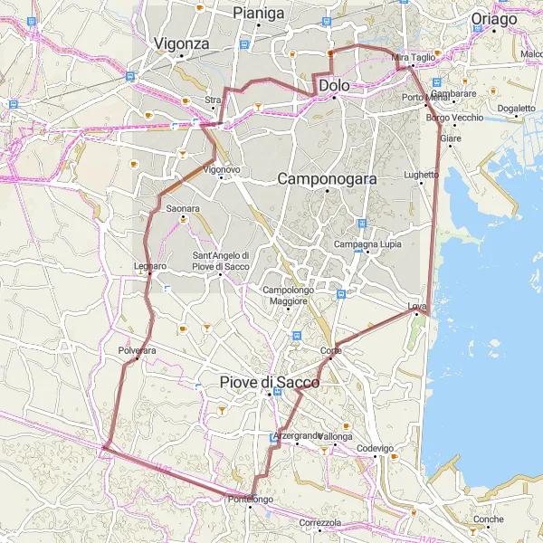 Miniatura della mappa di ispirazione al ciclismo "Giro in bicicletta attraverso Bovolenta" nella regione di Veneto, Italy. Generata da Tarmacs.app, pianificatore di rotte ciclistiche