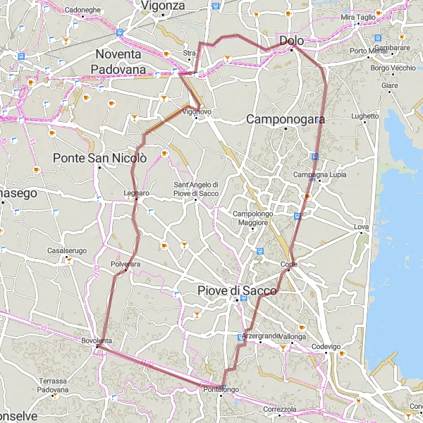 Miniaturní mapa "Gravelová dobrodružná trasa od Bovolenty" inspirace pro cyklisty v oblasti Veneto, Italy. Vytvořeno pomocí plánovače tras Tarmacs.app