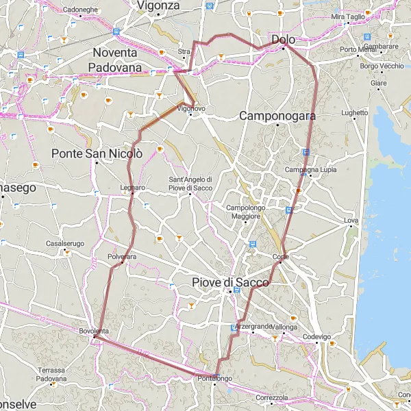 Miniatura della mappa di ispirazione al ciclismo "Escursione attraverso le Campagne di Pontelongo" nella regione di Veneto, Italy. Generata da Tarmacs.app, pianificatore di rotte ciclistiche