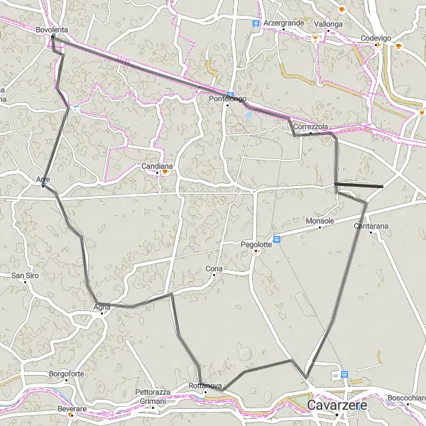 Miniatura della mappa di ispirazione al ciclismo "Escursione in bicicletta attraverso Agna da Pontelongo" nella regione di Veneto, Italy. Generata da Tarmacs.app, pianificatore di rotte ciclistiche