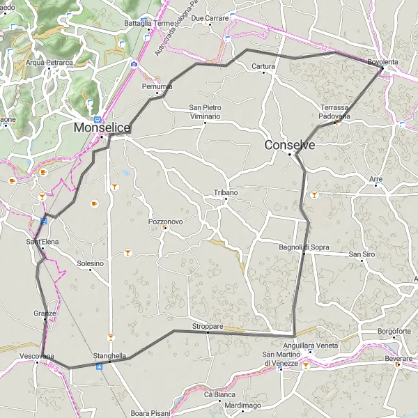 Zemljevid v pomanjšavi "Krožna kolesarska pot skozi Bovolento" kolesarske inspiracije v Veneto, Italy. Generirano z načrtovalcem kolesarskih poti Tarmacs.app