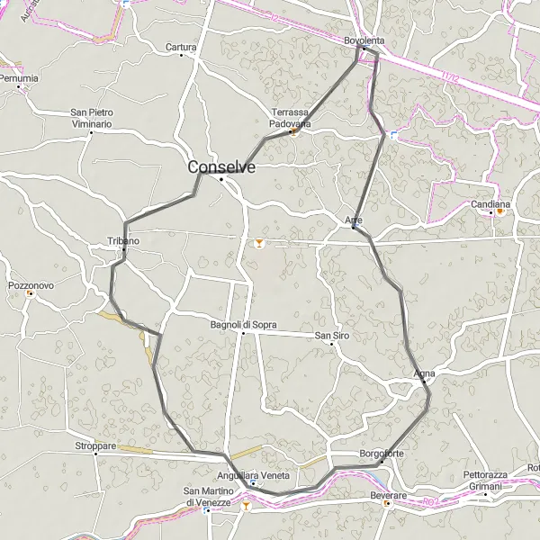 Miniaturní mapa "Cyklistická exkurze kolem Bovolenty" inspirace pro cyklisty v oblasti Veneto, Italy. Vytvořeno pomocí plánovače tras Tarmacs.app