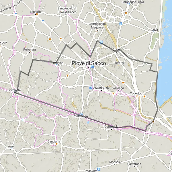Zemljevid v pomanjšavi "Južna Veneta krožna cestna pot" kolesarske inspiracije v Veneto, Italy. Generirano z načrtovalcem kolesarskih poti Tarmacs.app