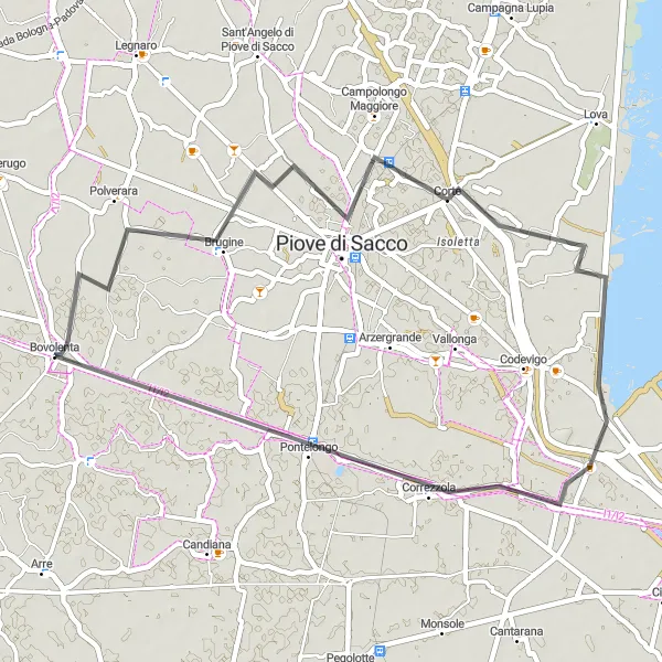 Miniatura della mappa di ispirazione al ciclismo "Itinerario ciclistico Bovolenta - Piove di Sacco" nella regione di Veneto, Italy. Generata da Tarmacs.app, pianificatore di rotte ciclistiche