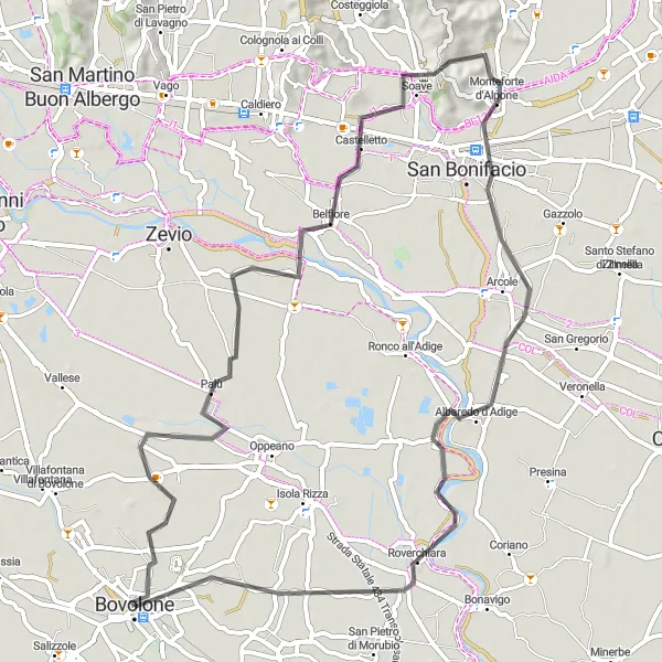 Map miniature of "Charming Villages and Vineyards" cycling inspiration in Veneto, Italy. Generated by Tarmacs.app cycling route planner