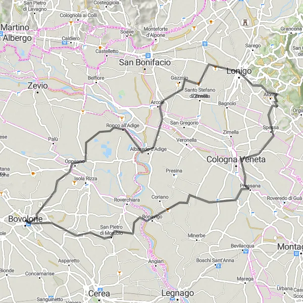 Zemljevid v pomanjšavi "Raziščite kolesarske poti v okolici Bovolone - pot na cesti" kolesarske inspiracije v Veneto, Italy. Generirano z načrtovalcem kolesarskih poti Tarmacs.app