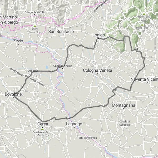 Miniatura della mappa di ispirazione al ciclismo "Itinerario tra Albaredo d'Adige e Cerea in bicicletta" nella regione di Veneto, Italy. Generata da Tarmacs.app, pianificatore di rotte ciclistiche