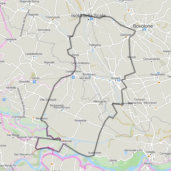 Mapa miniatúra "Jazda po venkovských cestách blízko Bovolone" cyklistická inšpirácia v Veneto, Italy. Vygenerované cyklistickým plánovačom trás Tarmacs.app