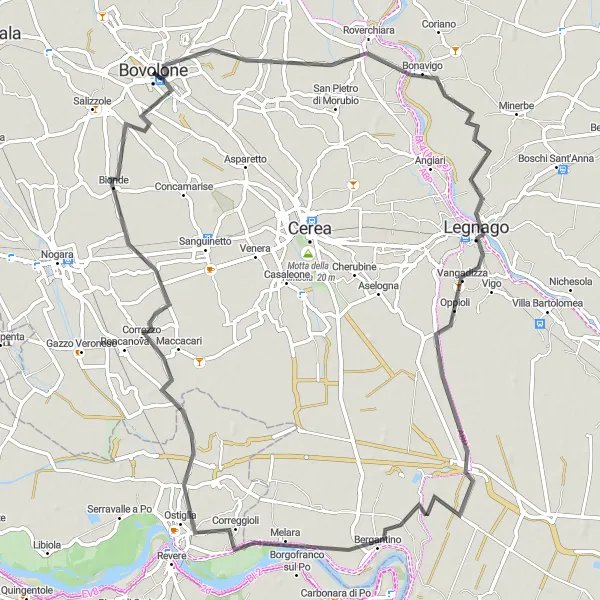 Miniatura della mappa di ispirazione al ciclismo "Itinerario ciclistico da Bovolone a Legnago" nella regione di Veneto, Italy. Generata da Tarmacs.app, pianificatore di rotte ciclistiche