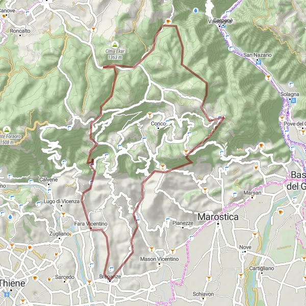 Map miniature of "Nature's Beauty and Cultural Heritage near Breganze" cycling inspiration in Veneto, Italy. Generated by Tarmacs.app cycling route planner