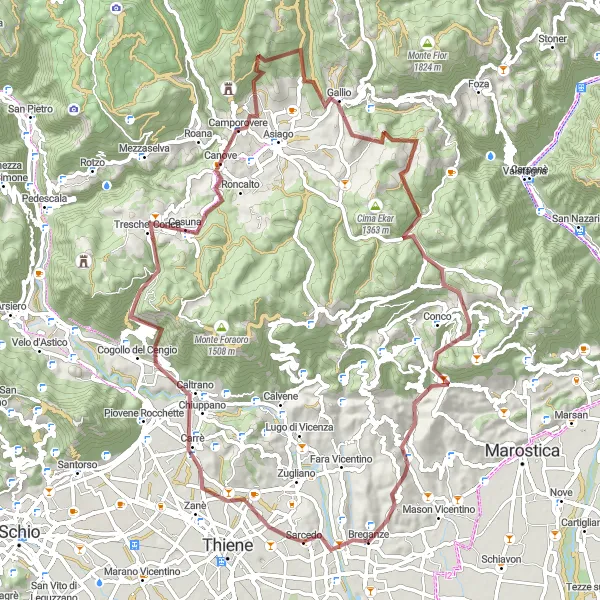 Miniaturní mapa "Gravelová výzva okolo Breganze" inspirace pro cyklisty v oblasti Veneto, Italy. Vytvořeno pomocí plánovače tras Tarmacs.app