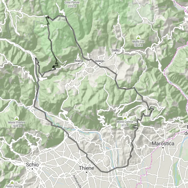 Miniatura della mappa di ispirazione al ciclismo "Giro in bici tra le colline vicino a Breganze" nella regione di Veneto, Italy. Generata da Tarmacs.app, pianificatore di rotte ciclistiche