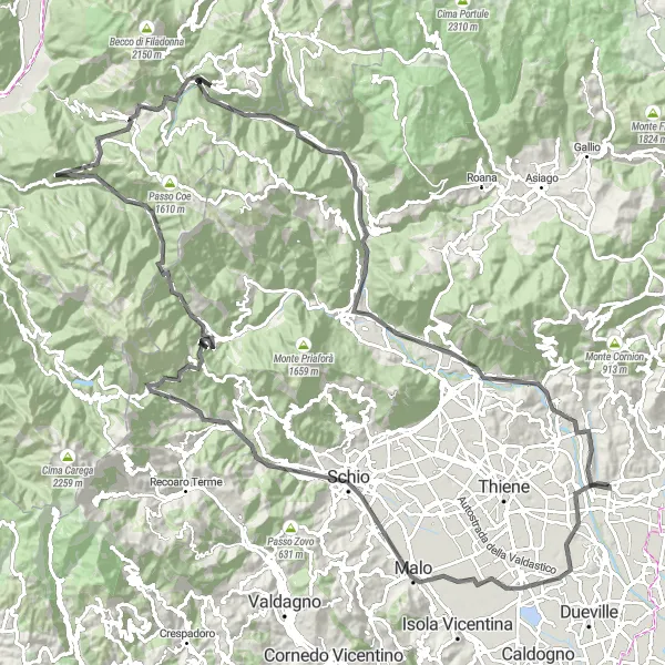 Karttaminiaatyyri "Mahtava Vuorikiertue Monte Cion ja Passo Xomon kautta" pyöräilyinspiraatiosta alueella Veneto, Italy. Luotu Tarmacs.app pyöräilyreittisuunnittelijalla