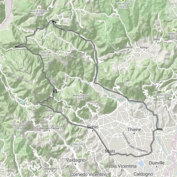 Miniatura della mappa di ispirazione al ciclismo "Avventura in bicicletta tra i monti del Veneto" nella regione di Veneto, Italy. Generata da Tarmacs.app, pianificatore di rotte ciclistiche