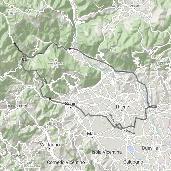 Map miniature of "Marano Vicentino-Colletto di Posina-Breganze Adventure" cycling inspiration in Veneto, Italy. Generated by Tarmacs.app cycling route planner