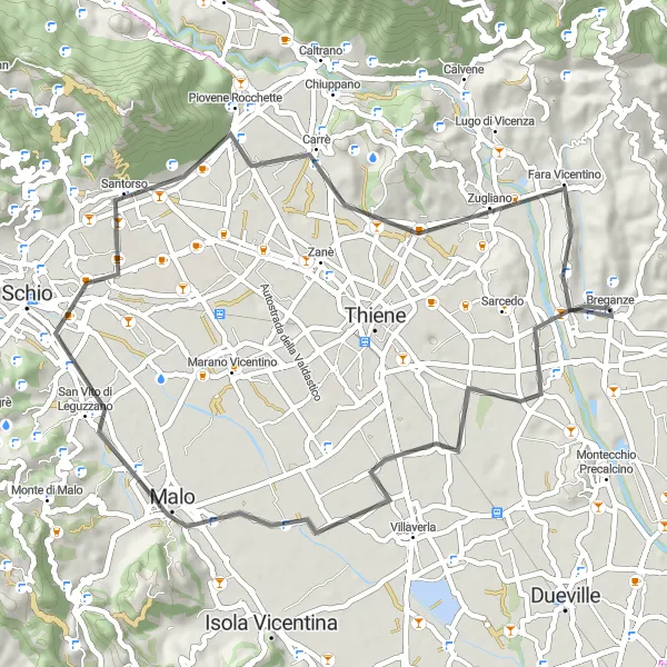 Map miniature of "Malo-Santorso-Monte Zavagnin-Breganze Loop" cycling inspiration in Veneto, Italy. Generated by Tarmacs.app cycling route planner