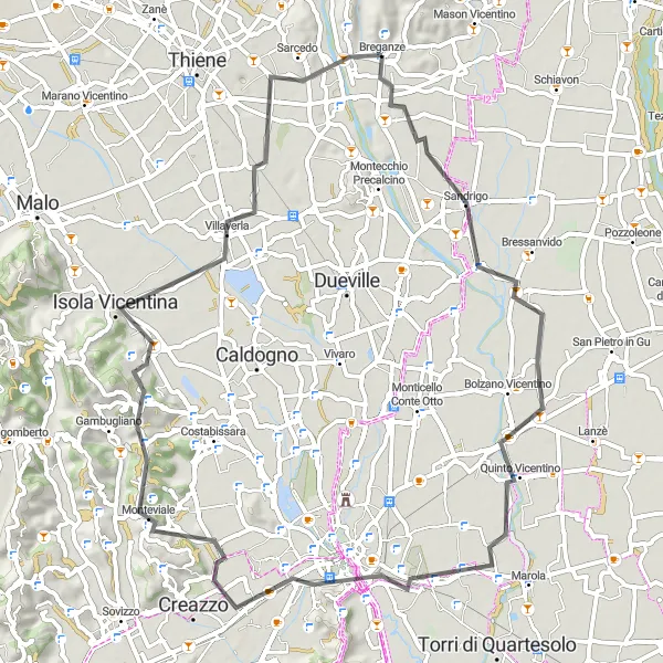 Miniatura della mappa di ispirazione al ciclismo "Giro in bici da Breganze a Sandrigo e ritorno" nella regione di Veneto, Italy. Generata da Tarmacs.app, pianificatore di rotte ciclistiche