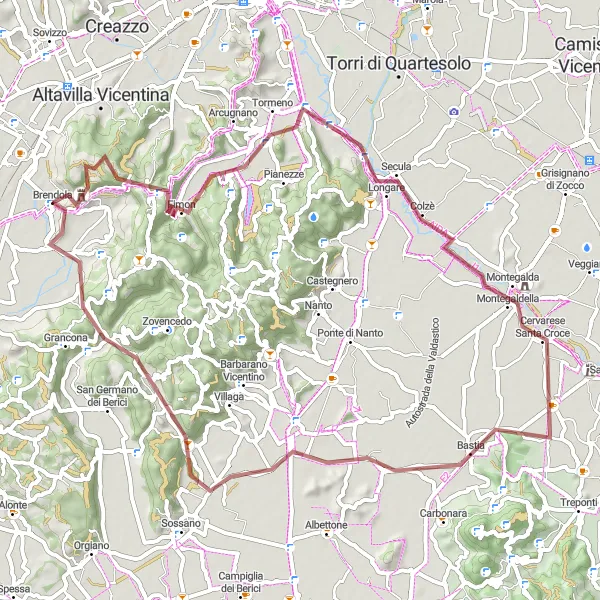 Karttaminiaatyyri "Pyöräreitti Vo'n kylästä Brendolaan" pyöräilyinspiraatiosta alueella Veneto, Italy. Luotu Tarmacs.app pyöräilyreittisuunnittelijalla