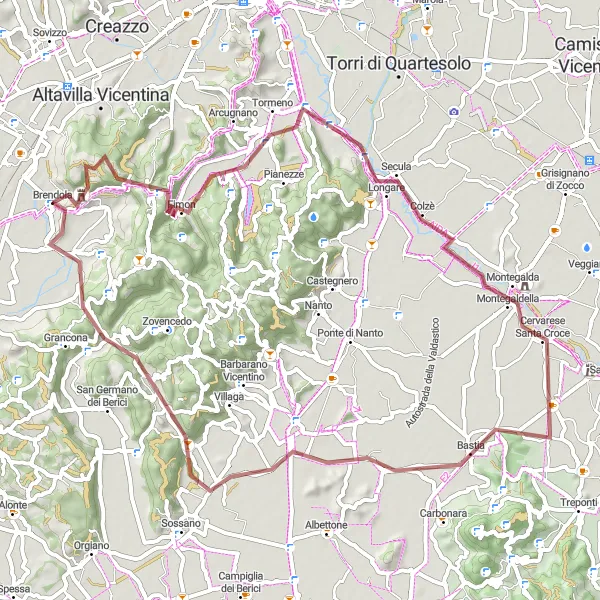 Miniatura della mappa di ispirazione al ciclismo "Avventura Gravel tra le Colline Venete" nella regione di Veneto, Italy. Generata da Tarmacs.app, pianificatore di rotte ciclistiche